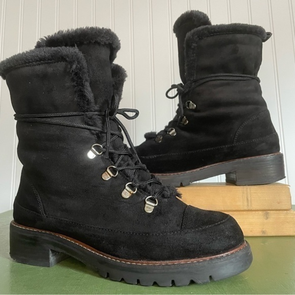 Stuart Weitzman LUGE Fleece Lined Fold Down Boots in Black Suede *Spain*